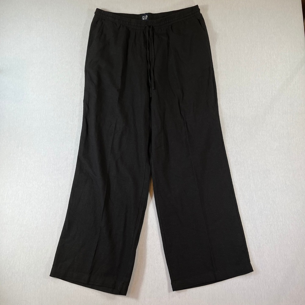 Gap Wide Leg Pants Women Large Linen Blend Black Blend Drawstring Stretch Flex